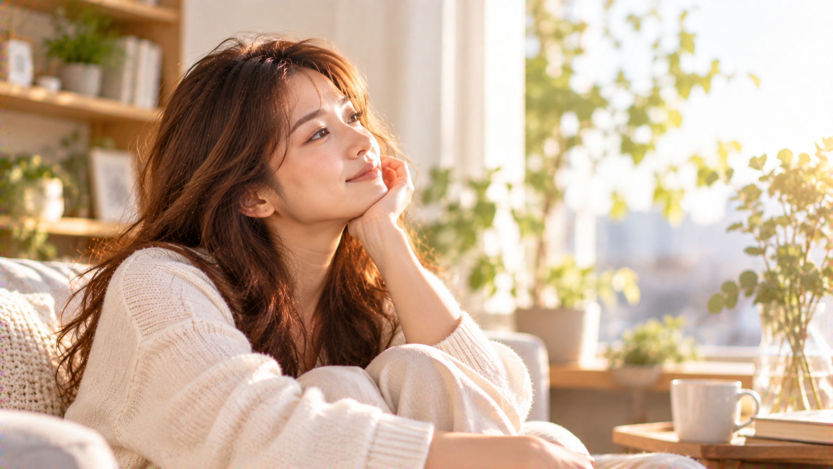 部屋で穏やかに微笑む女性