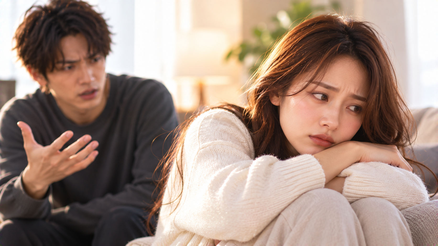 緊張した表情で向き合うカップル