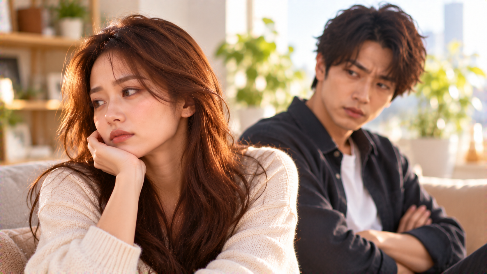 見つめ合う複雑な表情のカップル