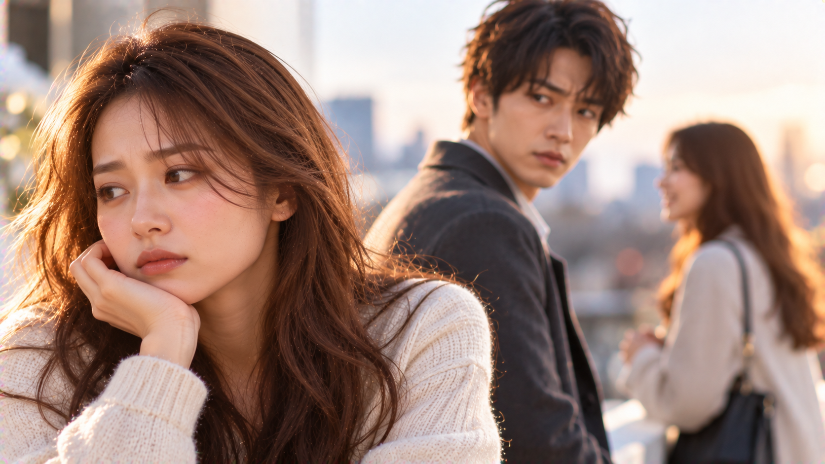 嫉妬の表情を見せる男性と女性