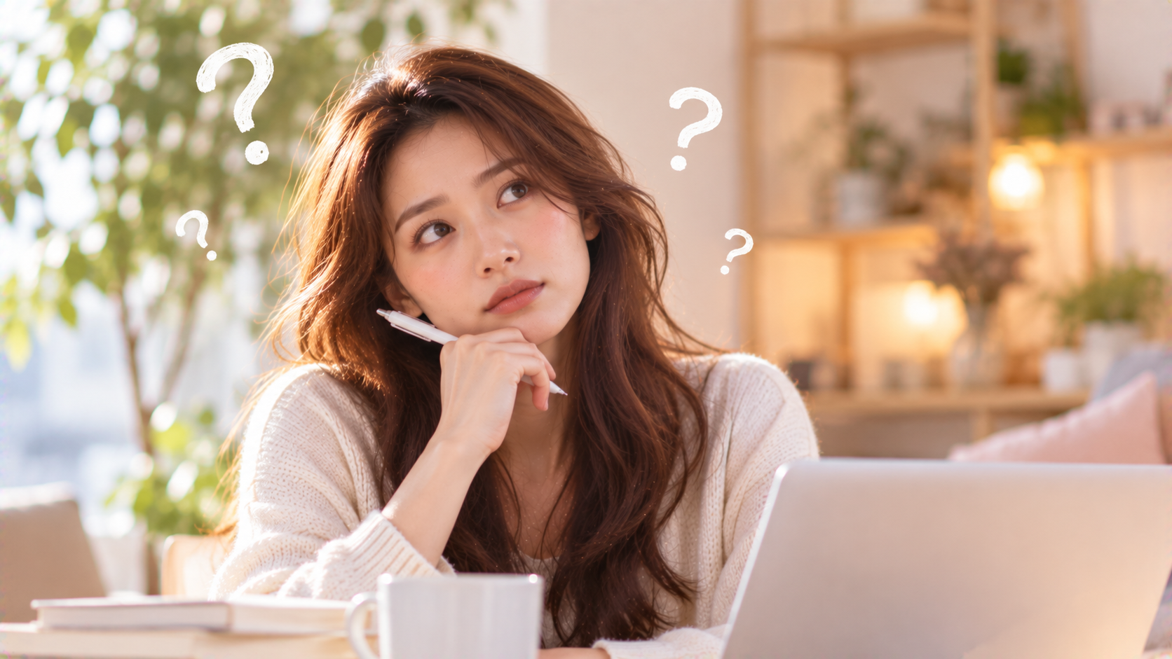 疑問符に囲まれ考え込む女性