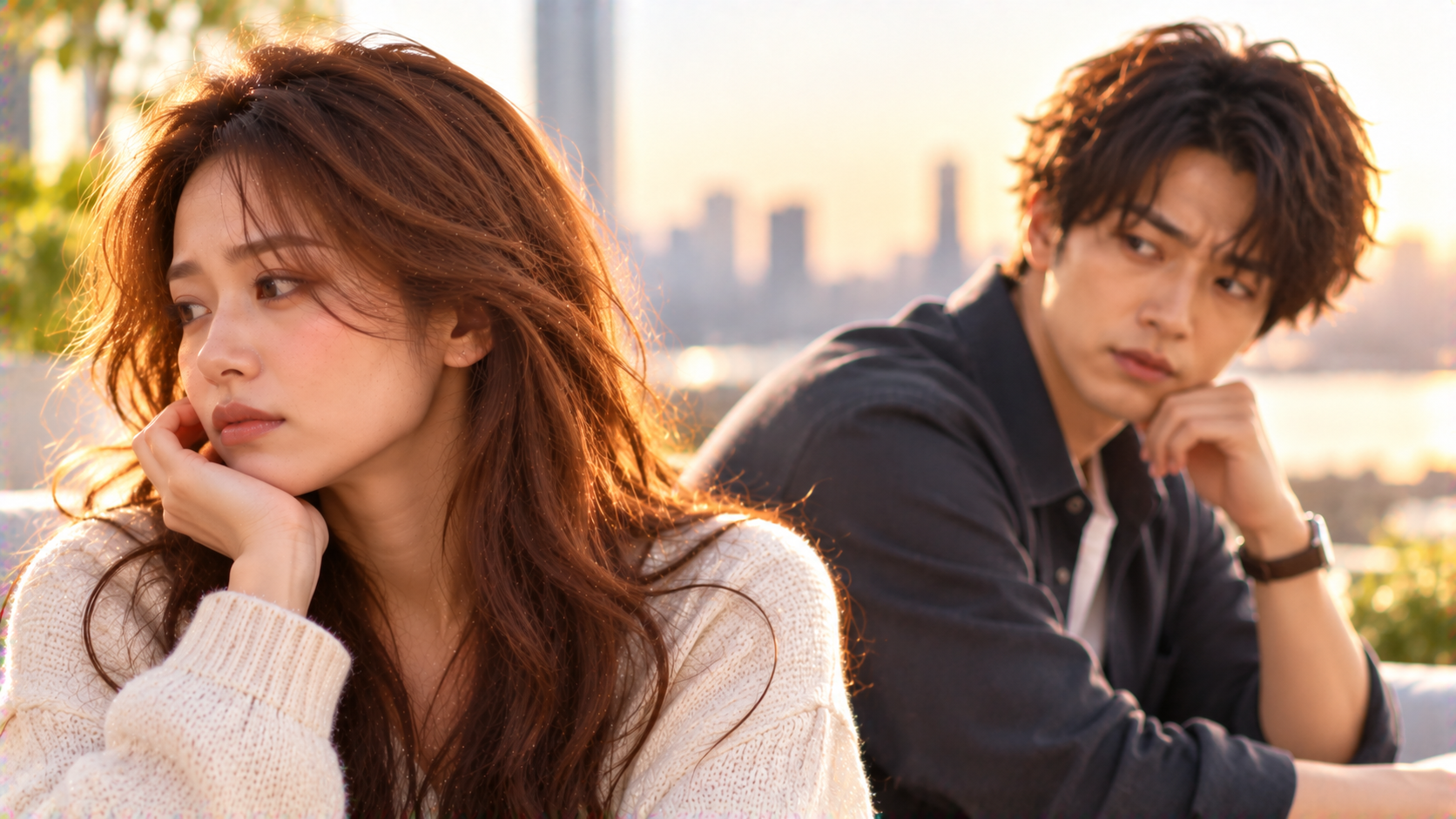 複雑な表情の女性と背景に映る二人