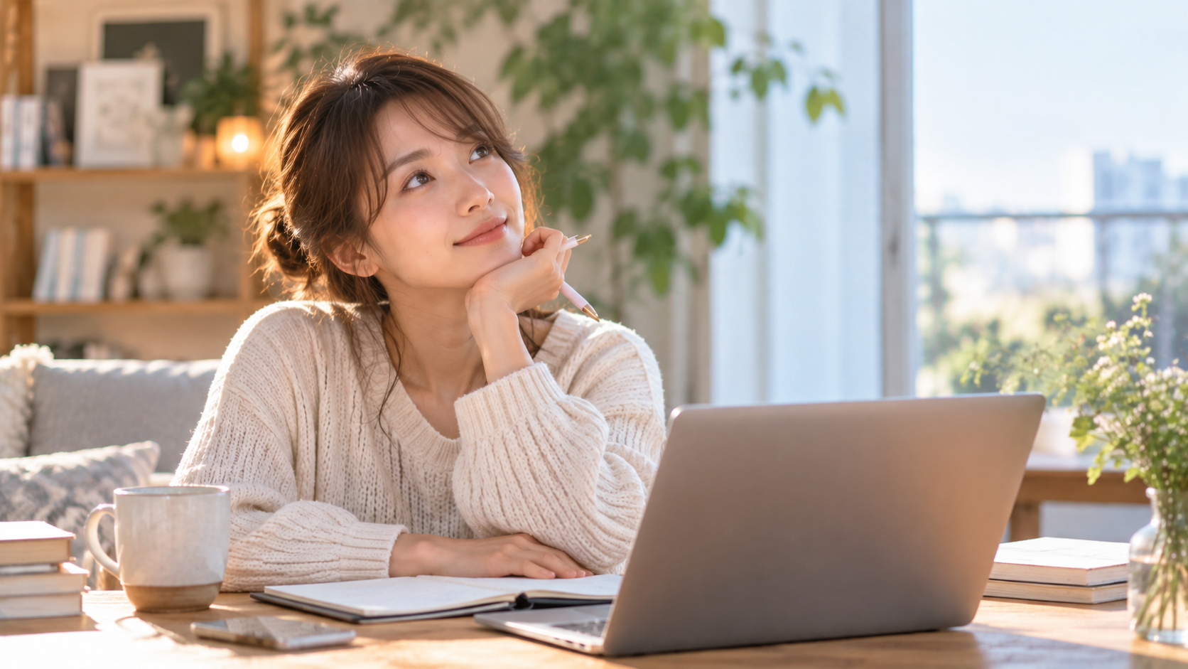ノートパソコンの前でくつろぐ女性の実写風写真