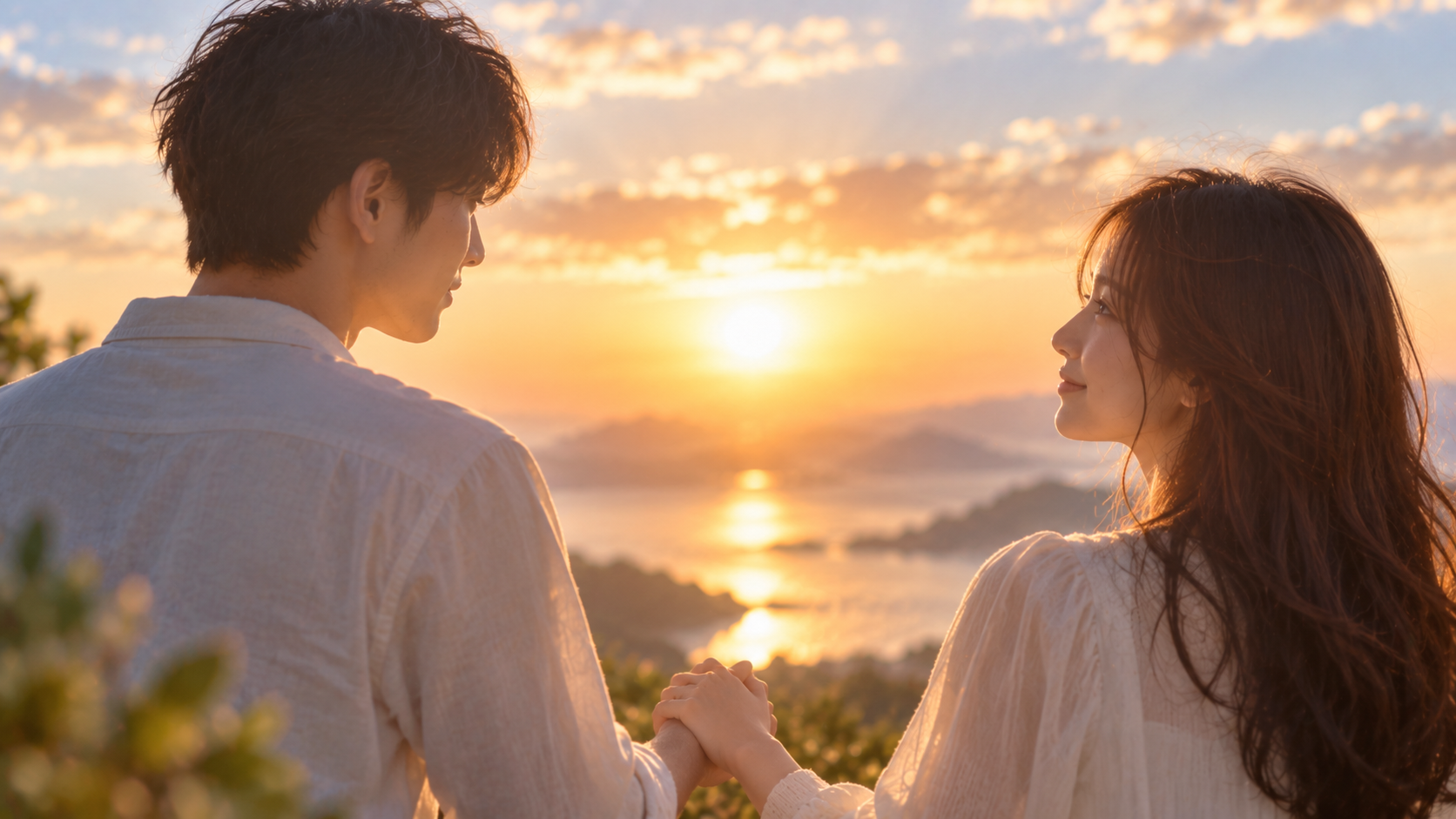 夕日の中で見つめ合い手をつなぐ二人の実写風写真