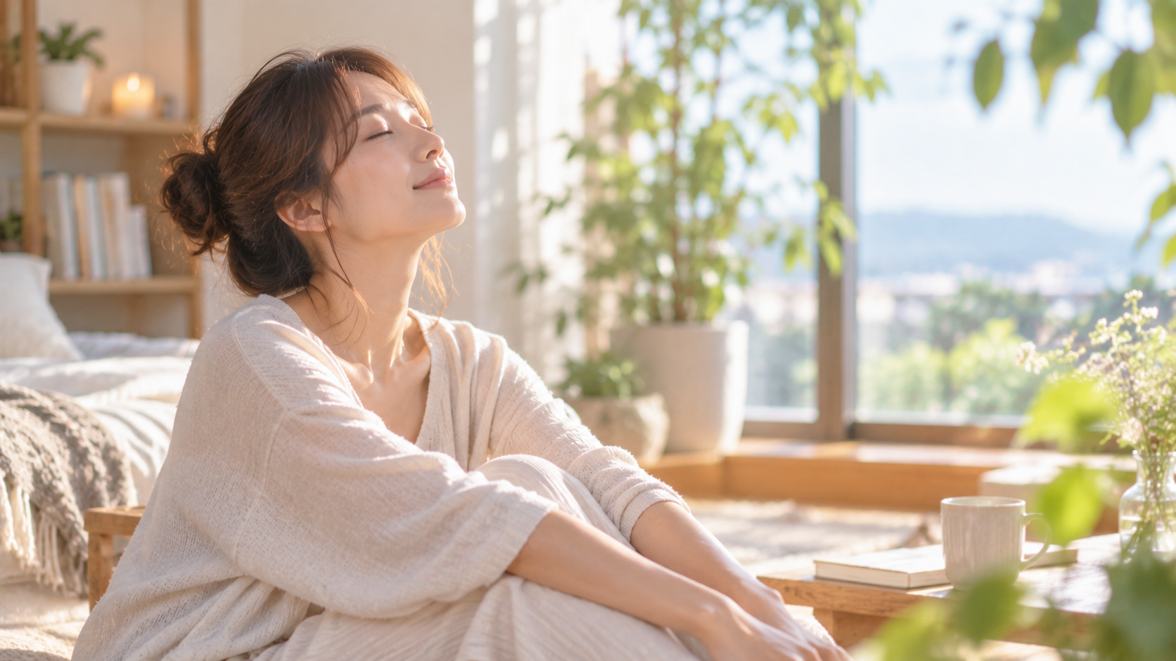 陽だまりでくつろぐ女性の実写風写真