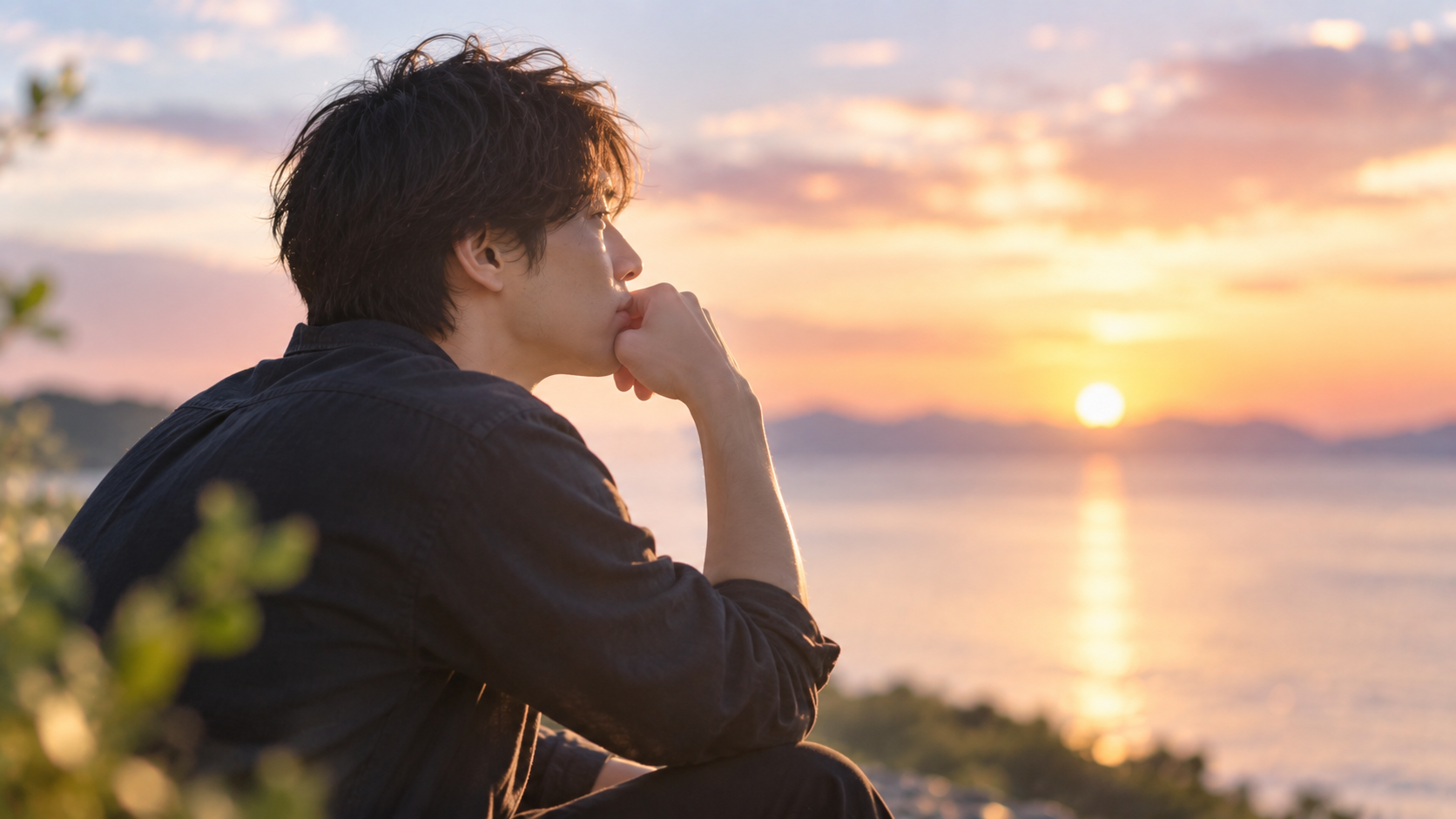 夕暮れの水辺に佇み考え込む男性の実写風写真