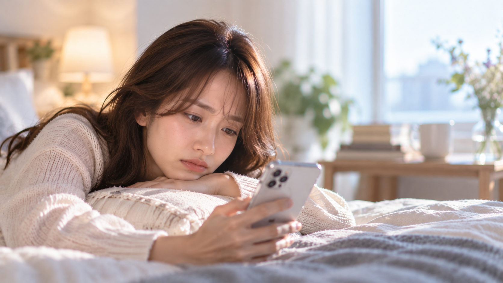 ベッドでスマホを見つめ不安げな女性の実写風写真
