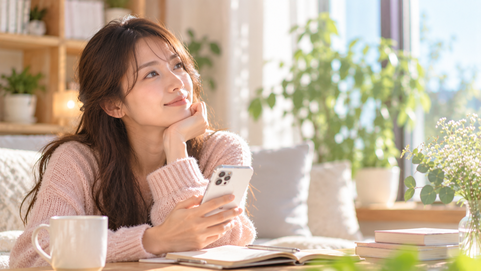 窓辺でスマホを見て微笑む女性の実写風写真