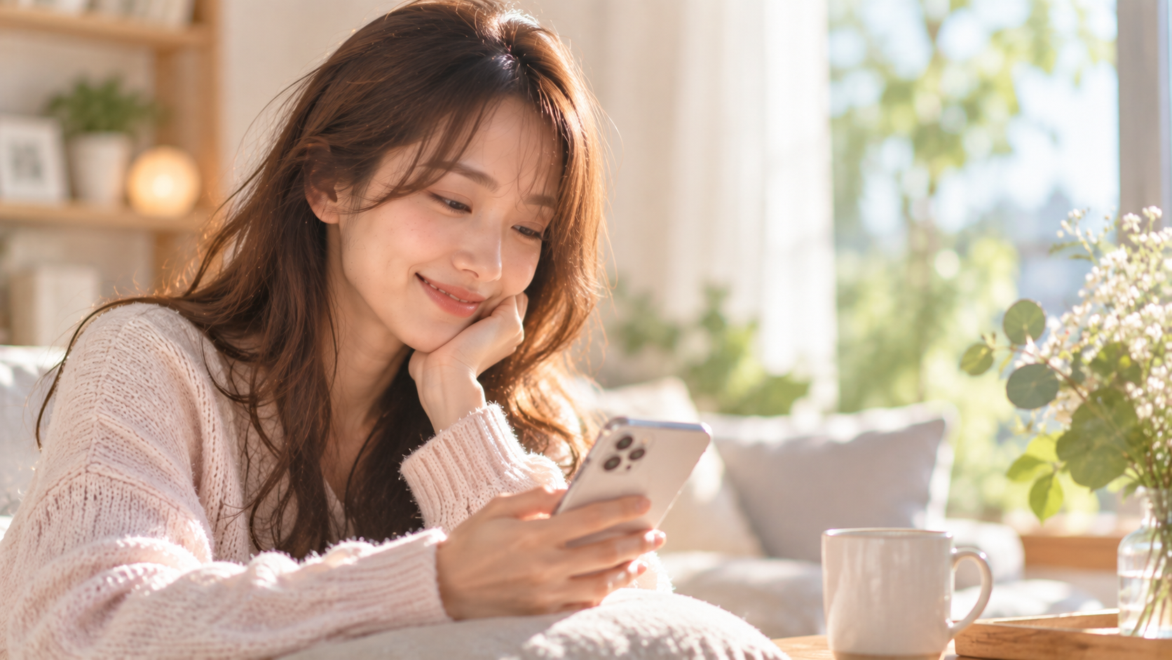 くつろぎながらスマホを見る癒やしのひとときの実写風写真
