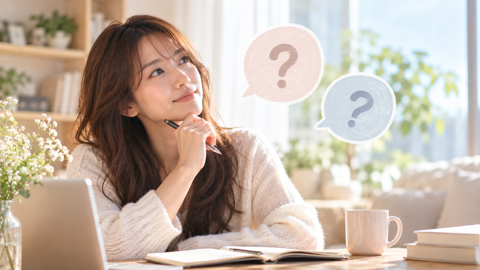 窓辺で考え事をする女性と吹き出しの実写風写真