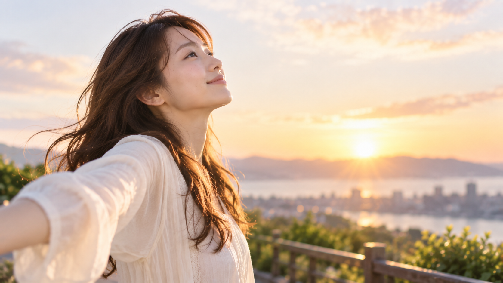 朝日に向かって両手を広げる女性の実写風写真