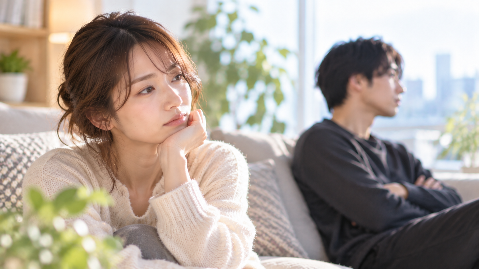ソファで距離を置く二人の実写風写真