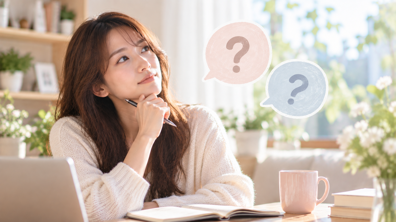 疑問の吹き出しと女性の実写風写真