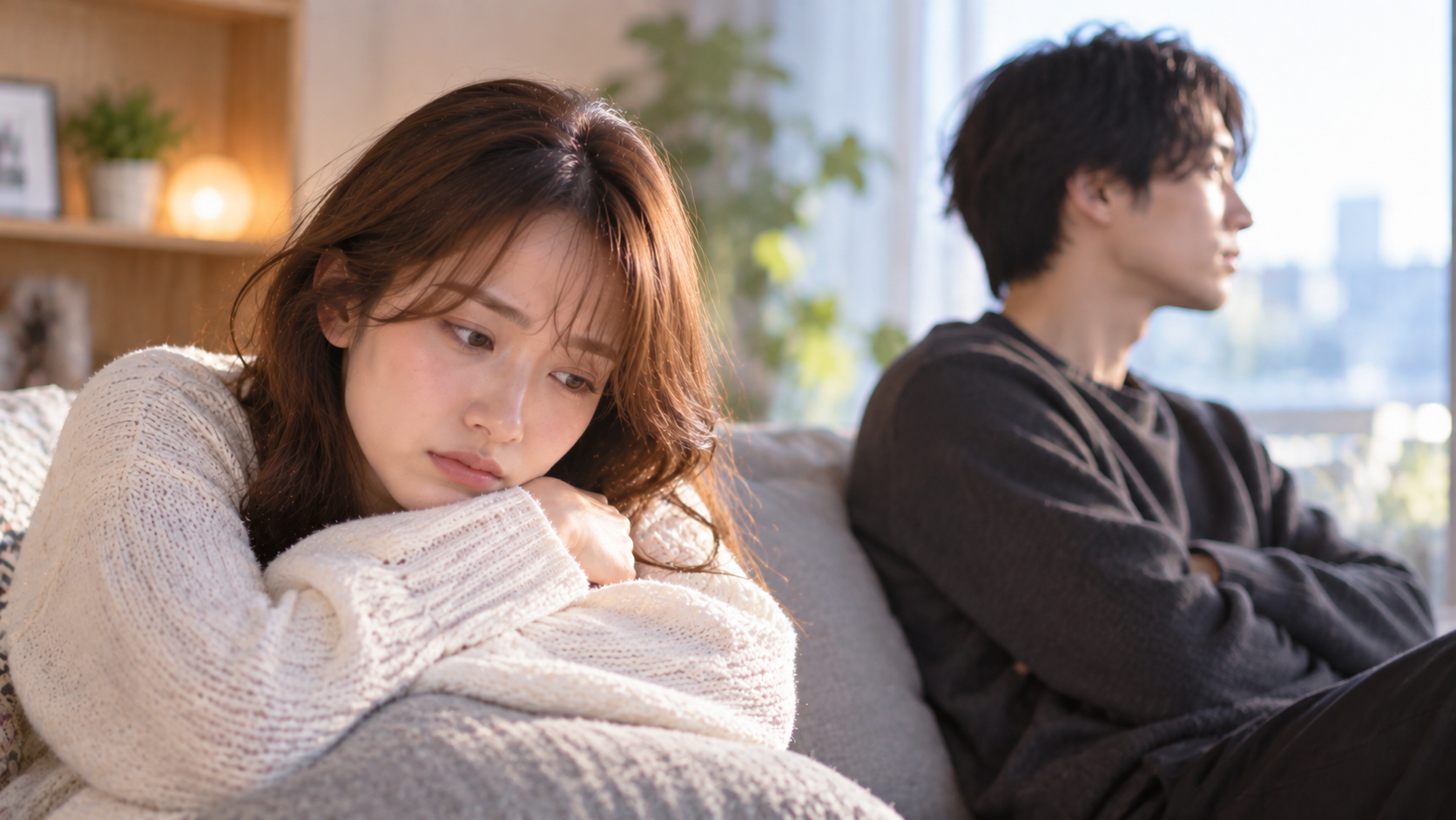 ソファで背を向ける男性と女性の実写風写真