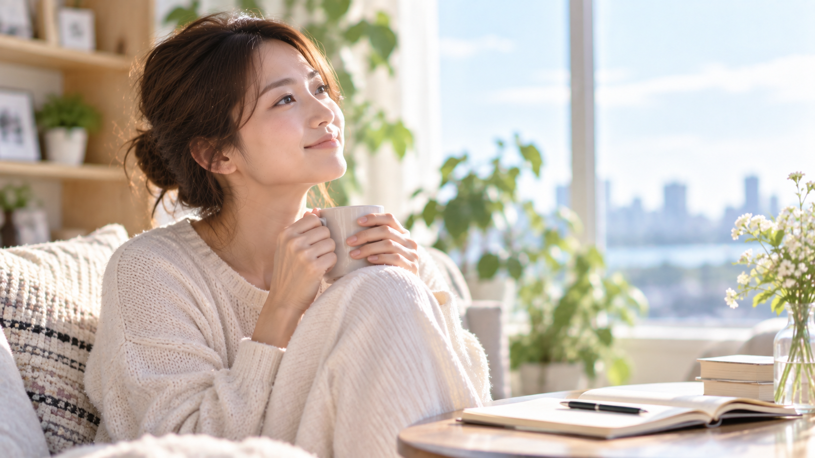 窓辺で穏やかにくつろぐ女性の実写風写真