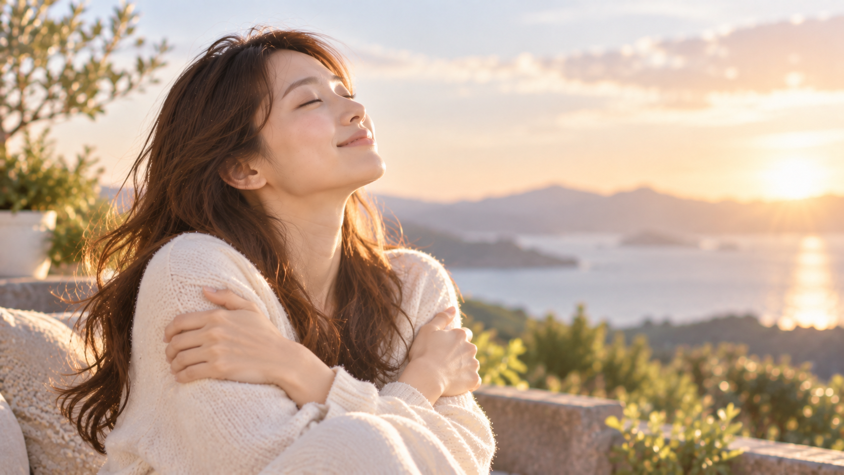 夕陽に包まれる静かなひとときの女性の実写風写真