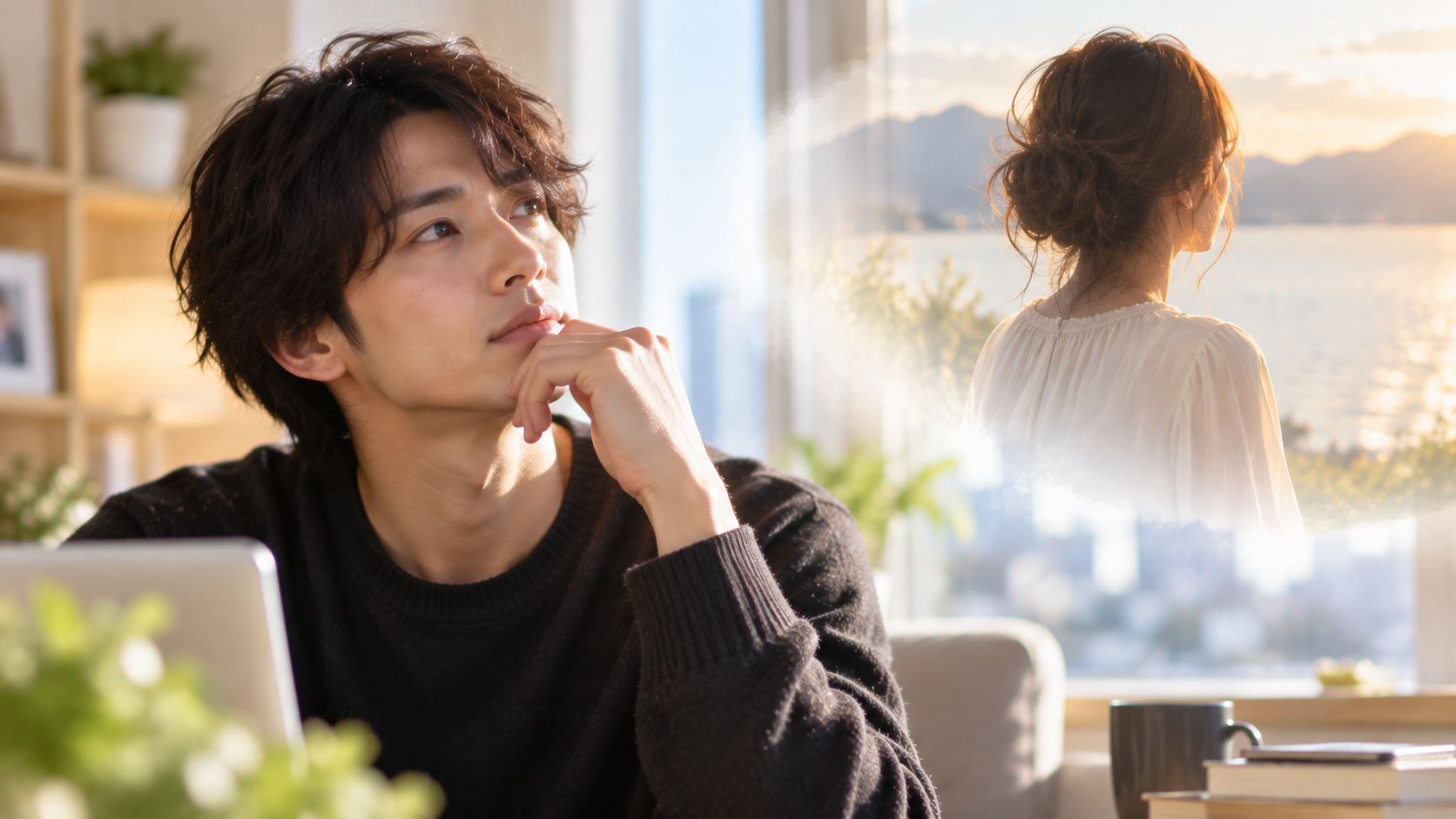 記憶の中の湖畔を想う青年の実写風写真