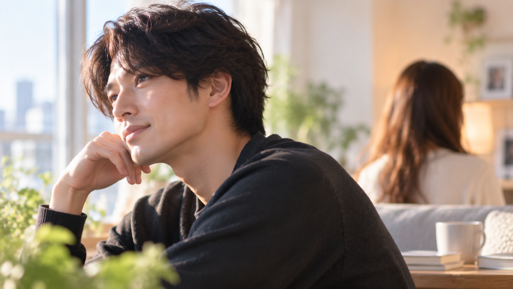 窓辺で物思いにふける男性の実写風写真
