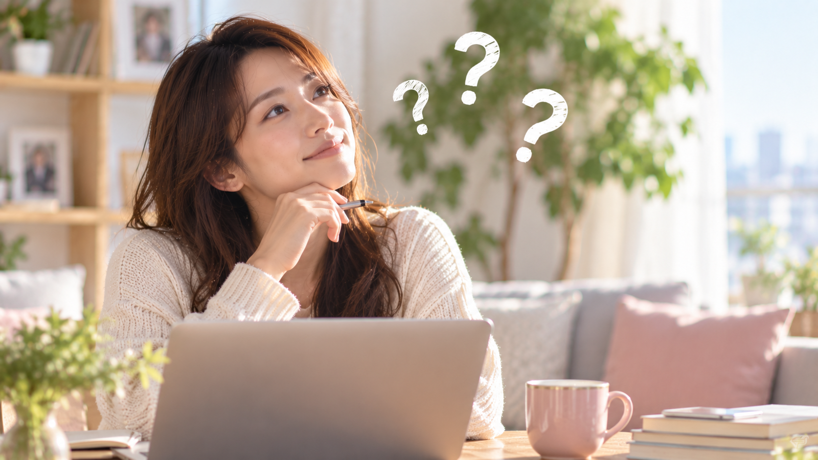 疑問の吹き出しと女性の実写風写真