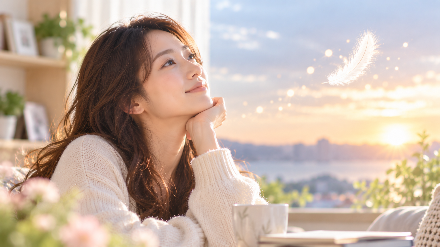 羽と光の粒子が舞う中で微笑む女性の実写風写真