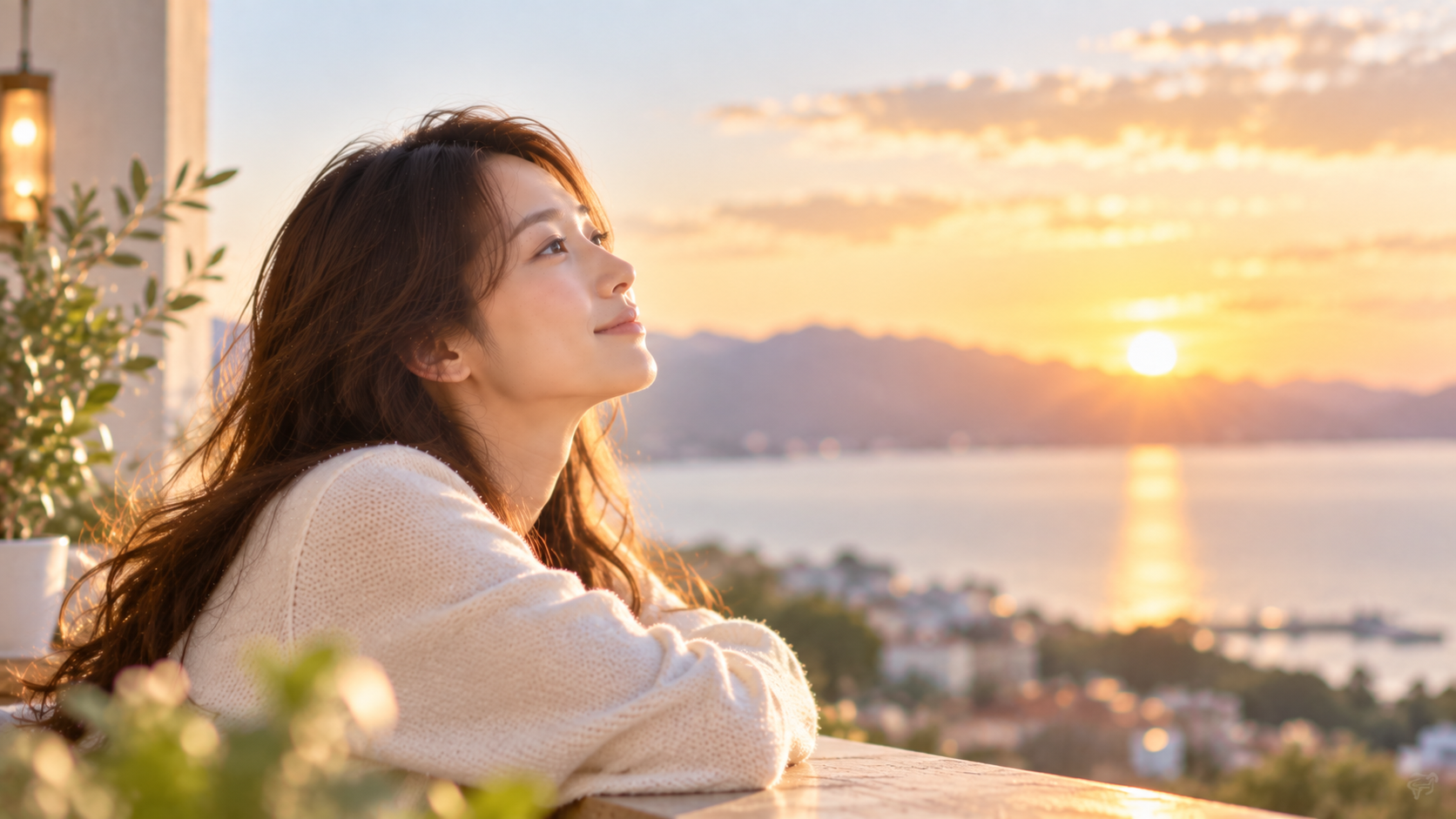 夕日を見つめる女性の実写風写真