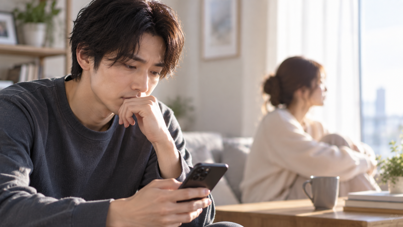 後悔した表情の男性と背を向ける女性の実写風写真
