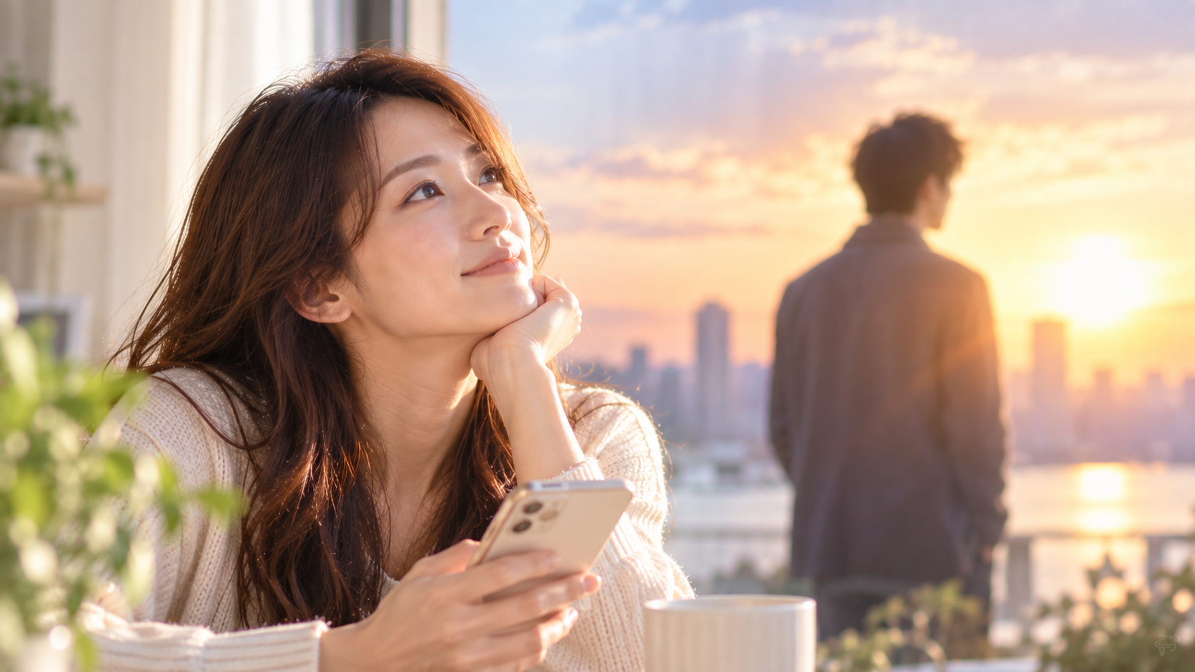 スマホを見つめる女性と遠くにいる男性の実写風写真