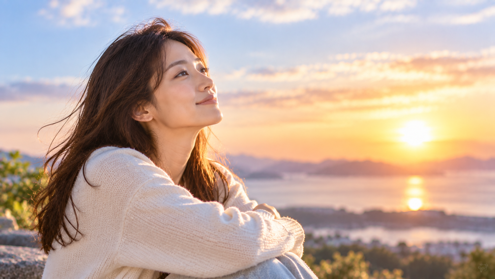 夕日を見つめる女性の実写風写真
