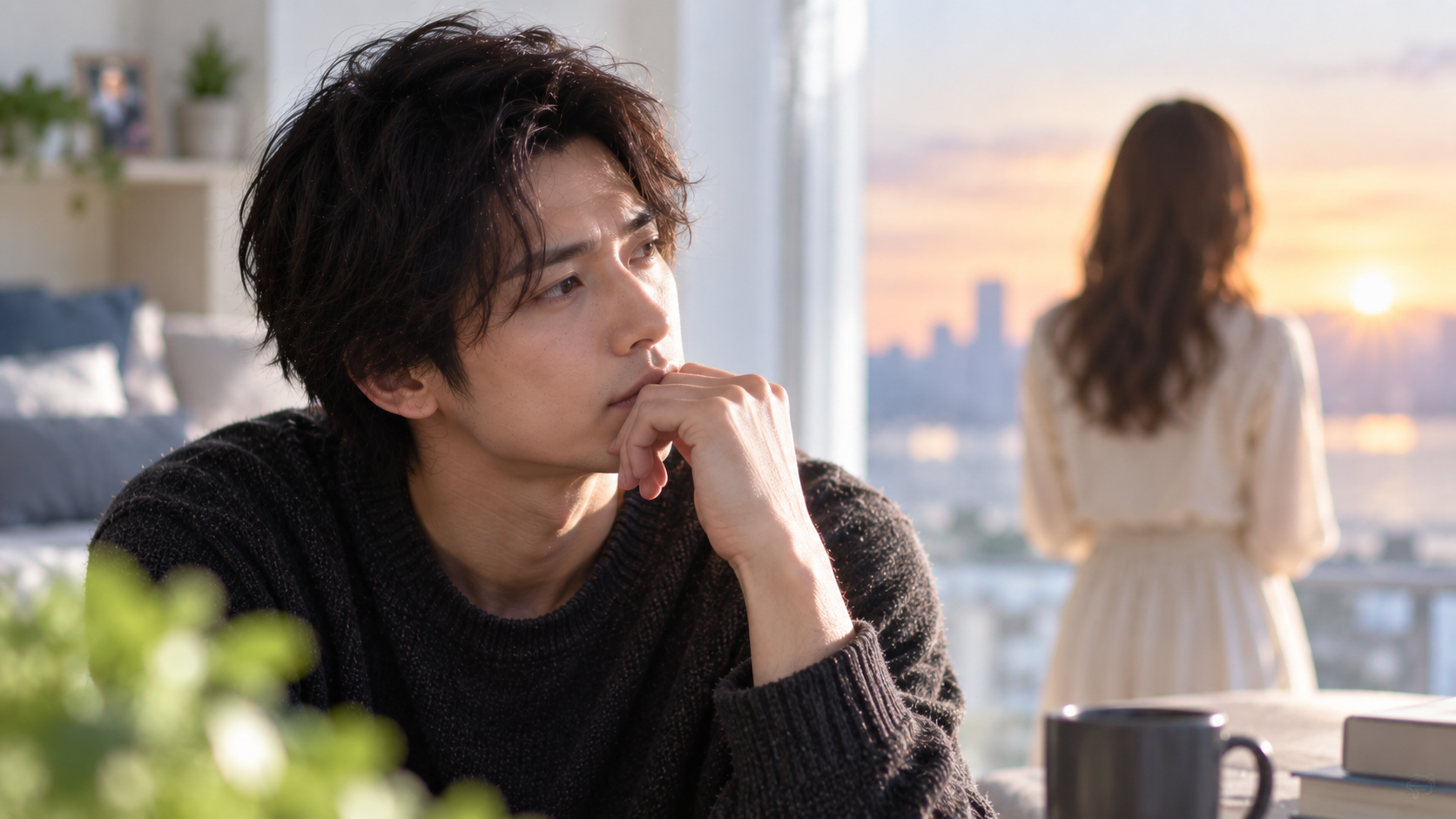 後悔した表情の男性と歩き去る女性の実写風写真