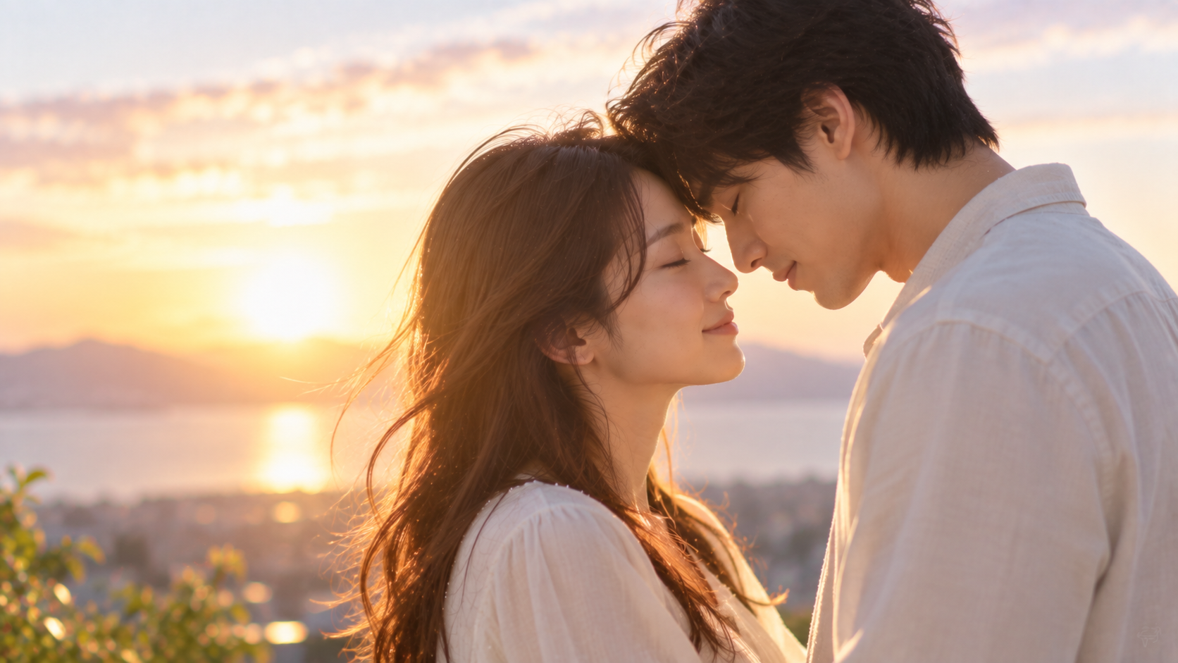 夕焼けの中で額を寄せ合う二人の実写風写真