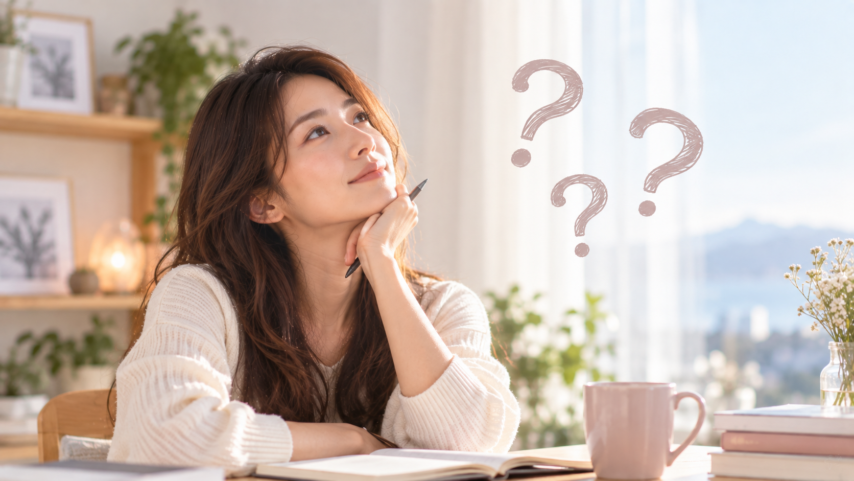 疑問の吹き出しと考え込む女性の実写風写真