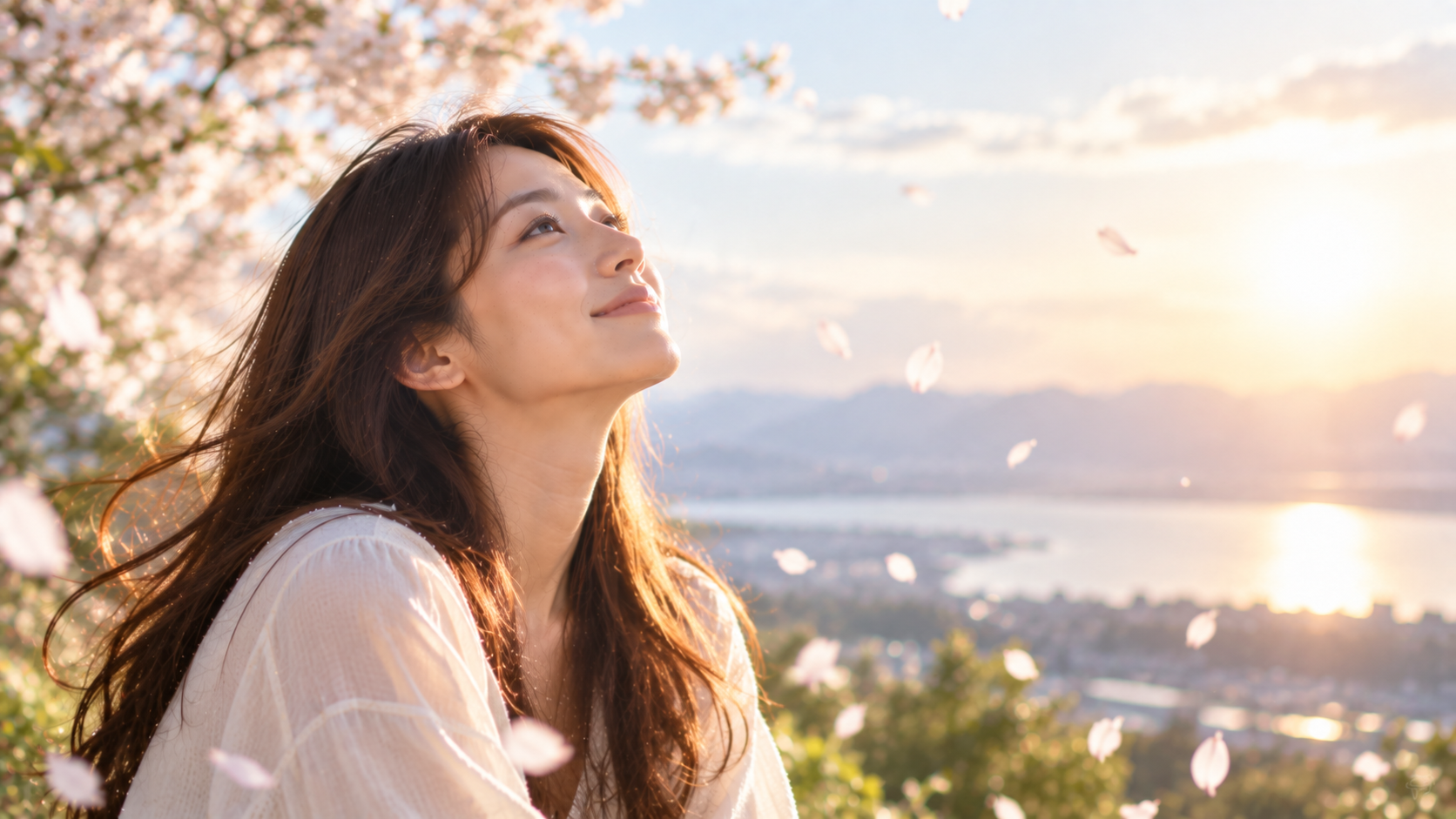 桜の花びらが舞う夕景で空を見上げる女性の実写風写真