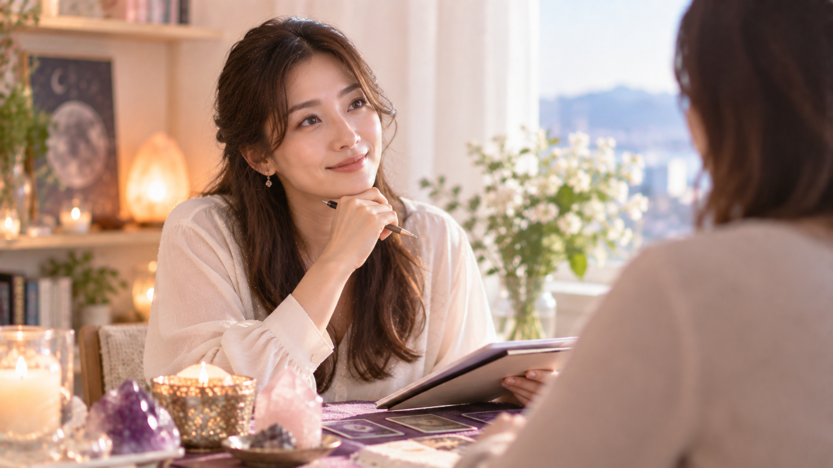 鑑定師と向き合って相談する女性の実写風写真