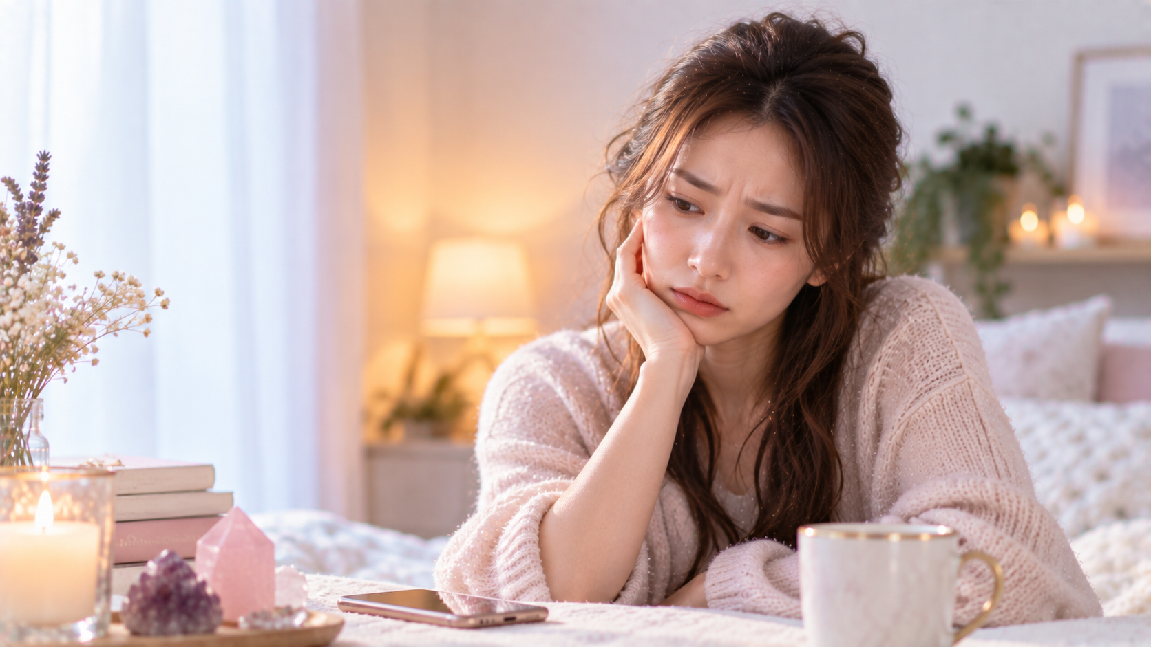 頬杖をついて悩む女性の実写風写真