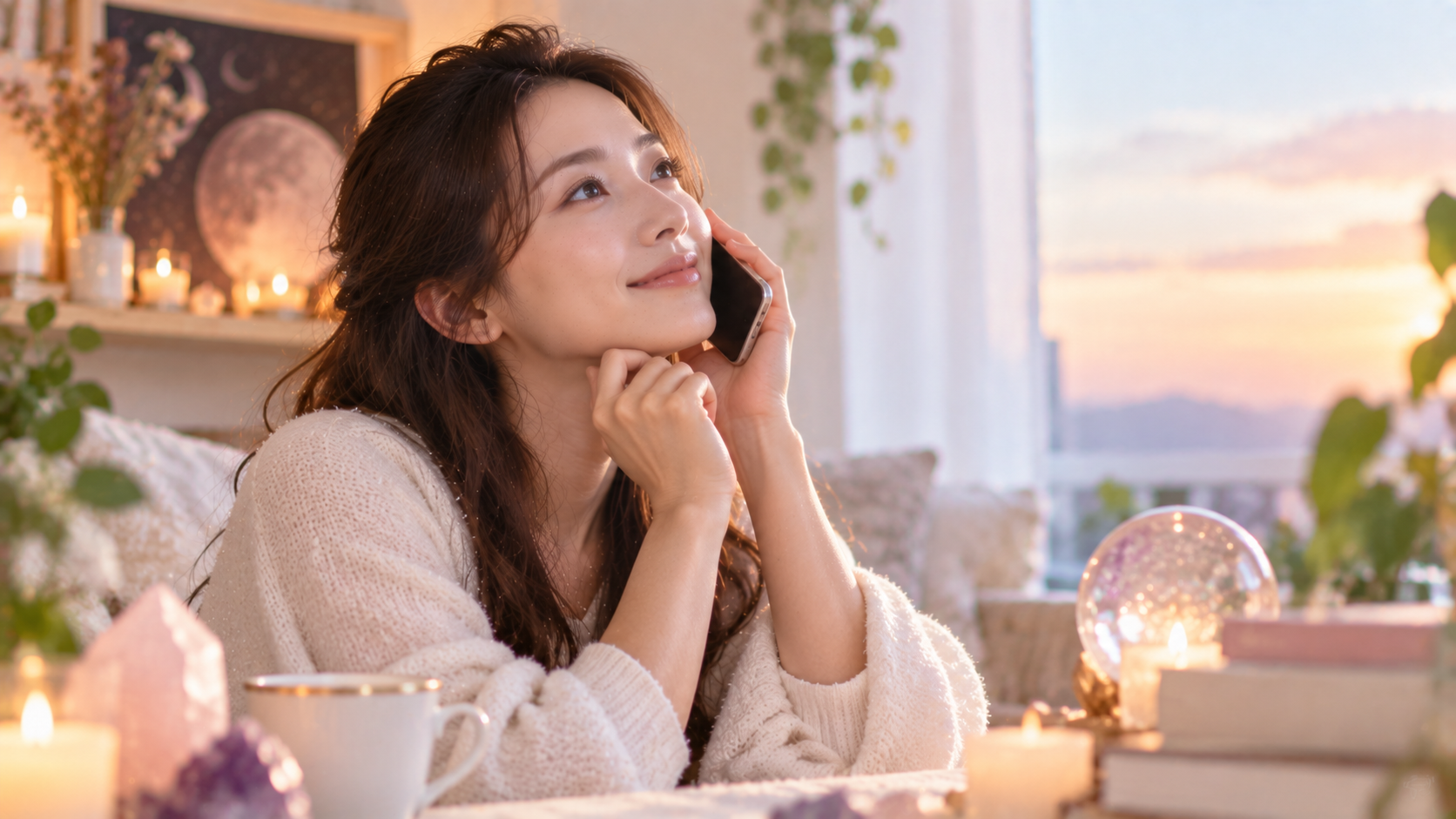 電話で占いの相談をする女性の実写風写真