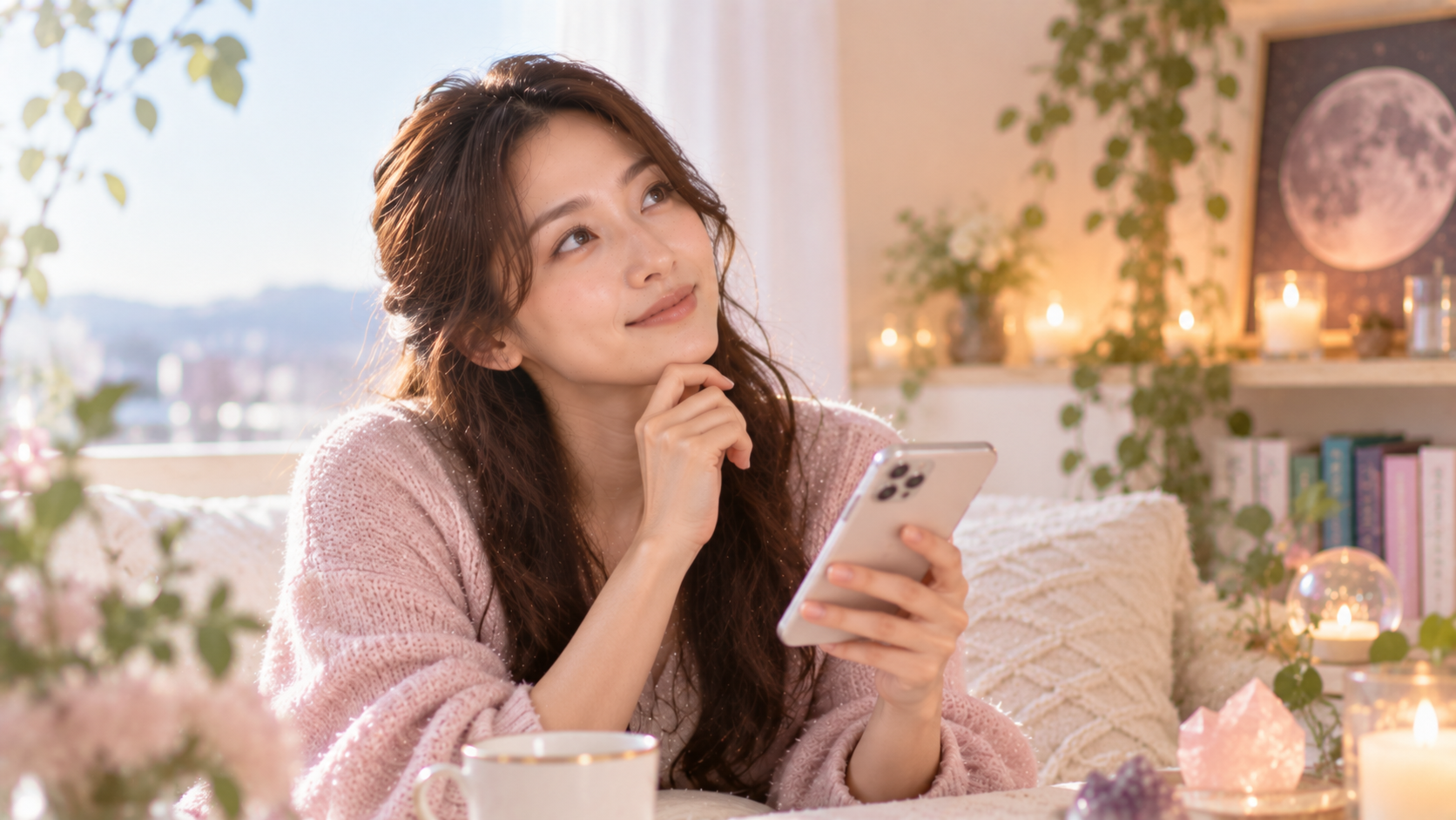 スマホを手に考え込む女性の実写風写真