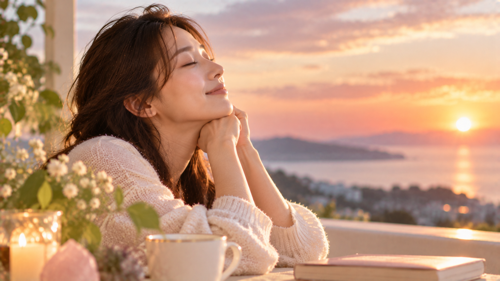 夕日の見える窓辺で穏やかに微笑む女性の実写風写真