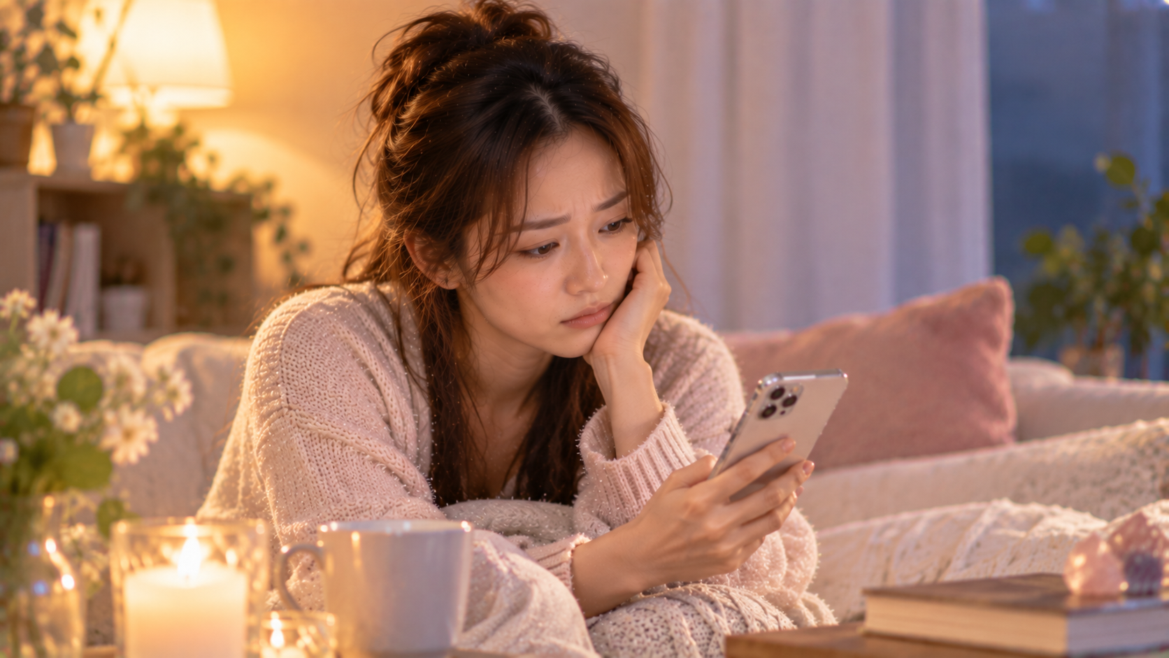 夜の灯りの中でスマホを見つめ思い悩む女性