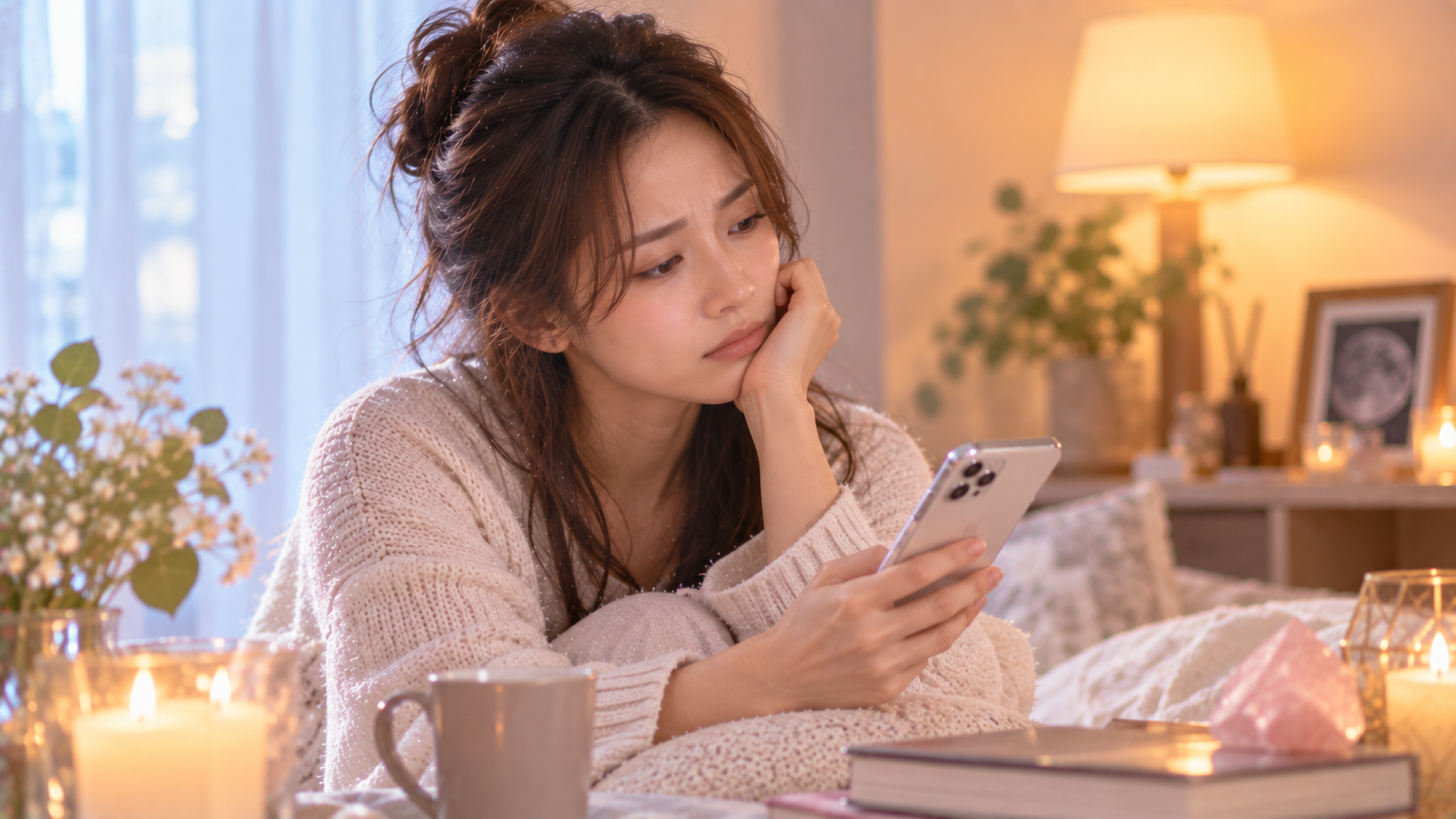 月明かりと灯りの中でスマホを手に思い悩む女性