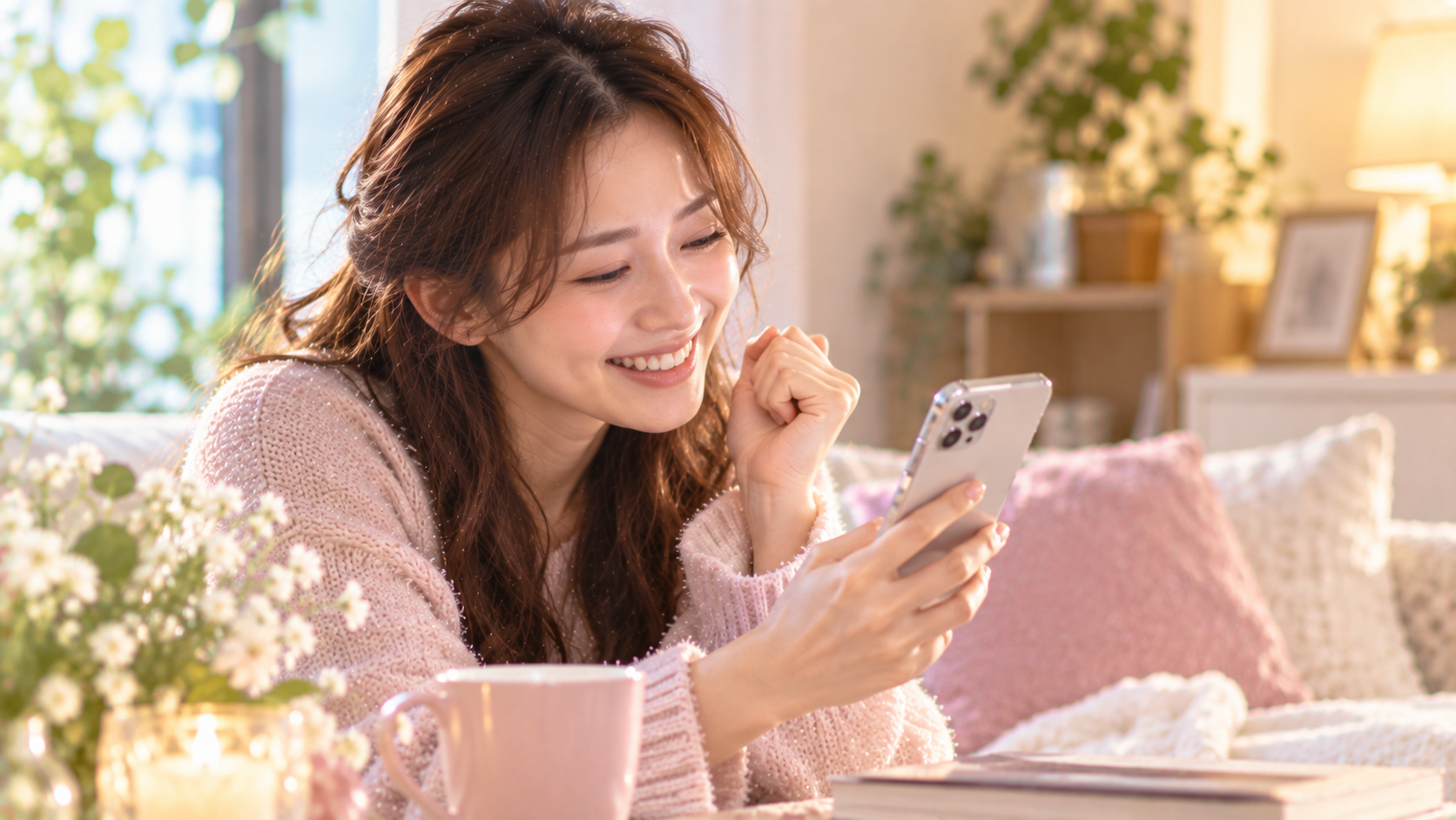 スマホのメッセージを見て嬉しそうに笑う女性