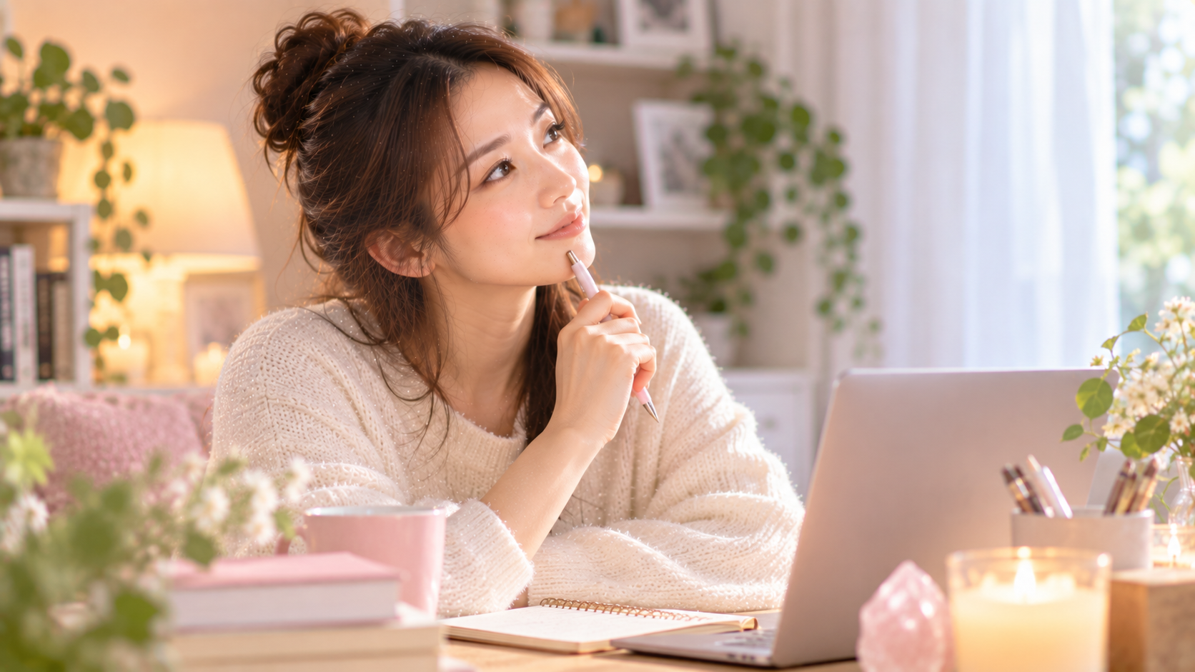 窓辺のデスクで頬杖をつき考え込む女性