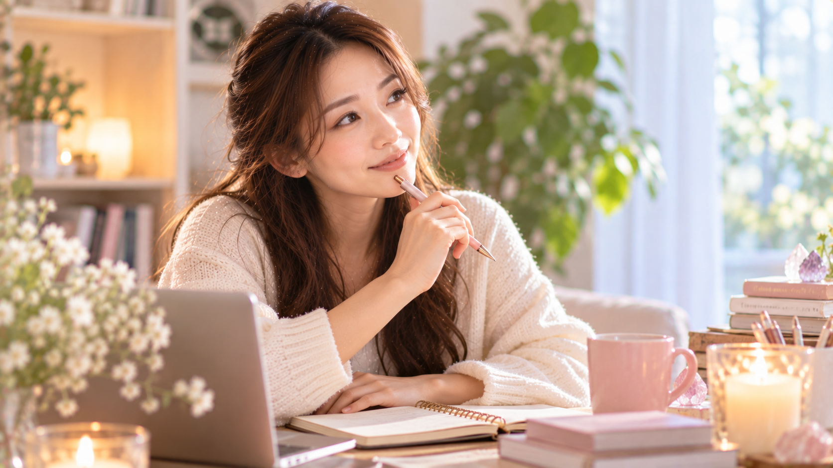 ノートパソコンの前で考えながら質問を整理する女性