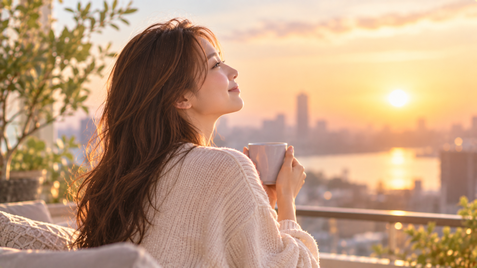 夕暮れの街を眺めながら温かい飲み物を手に微笑む女性