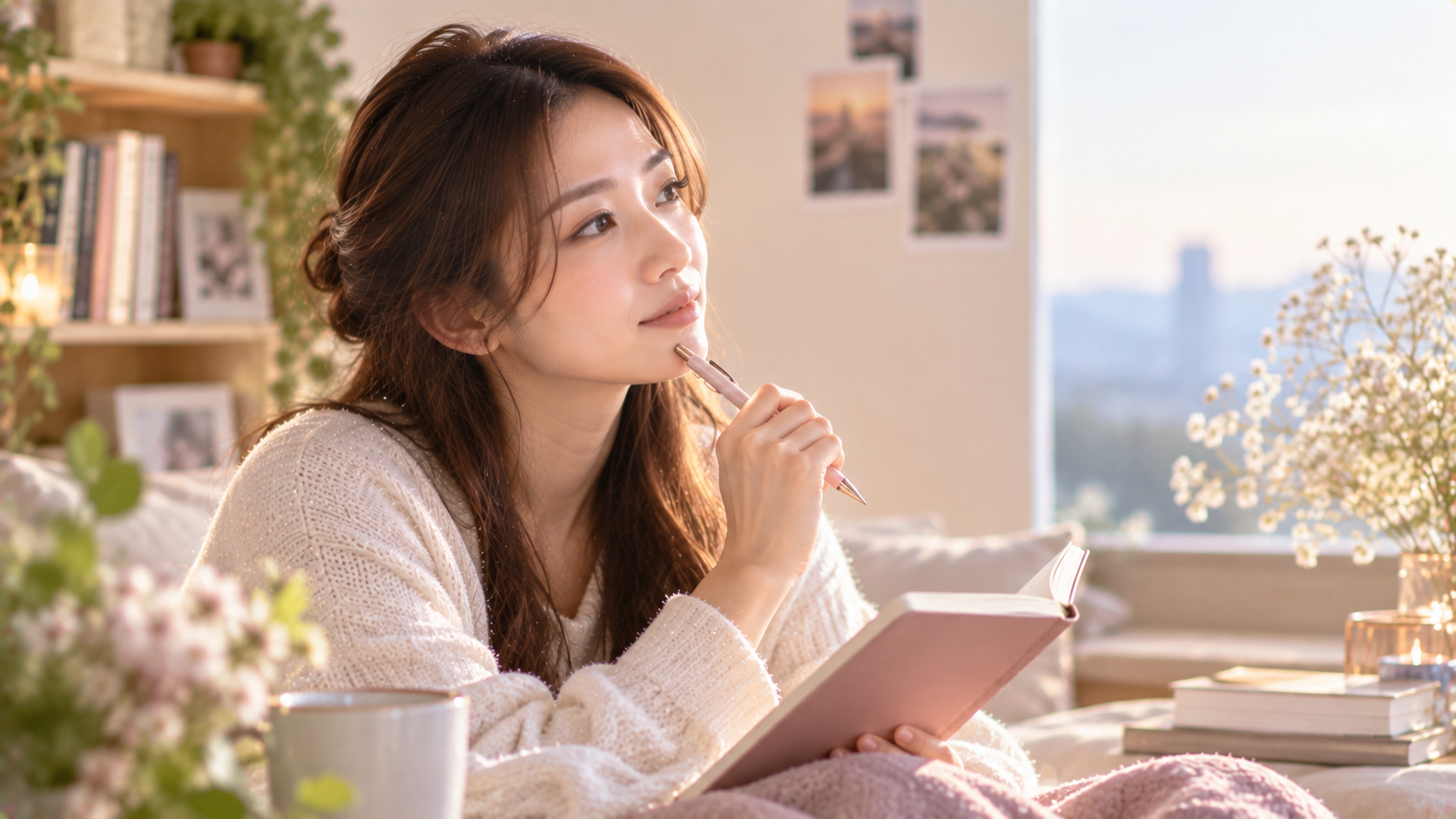 窓辺で読書をしながら思索する女性