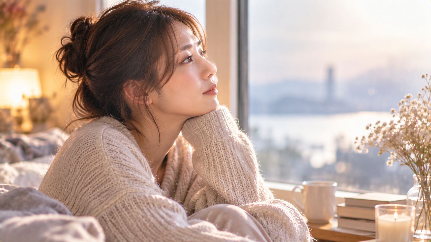 窓辺で朝の光を浴びながらくつろぐ女性