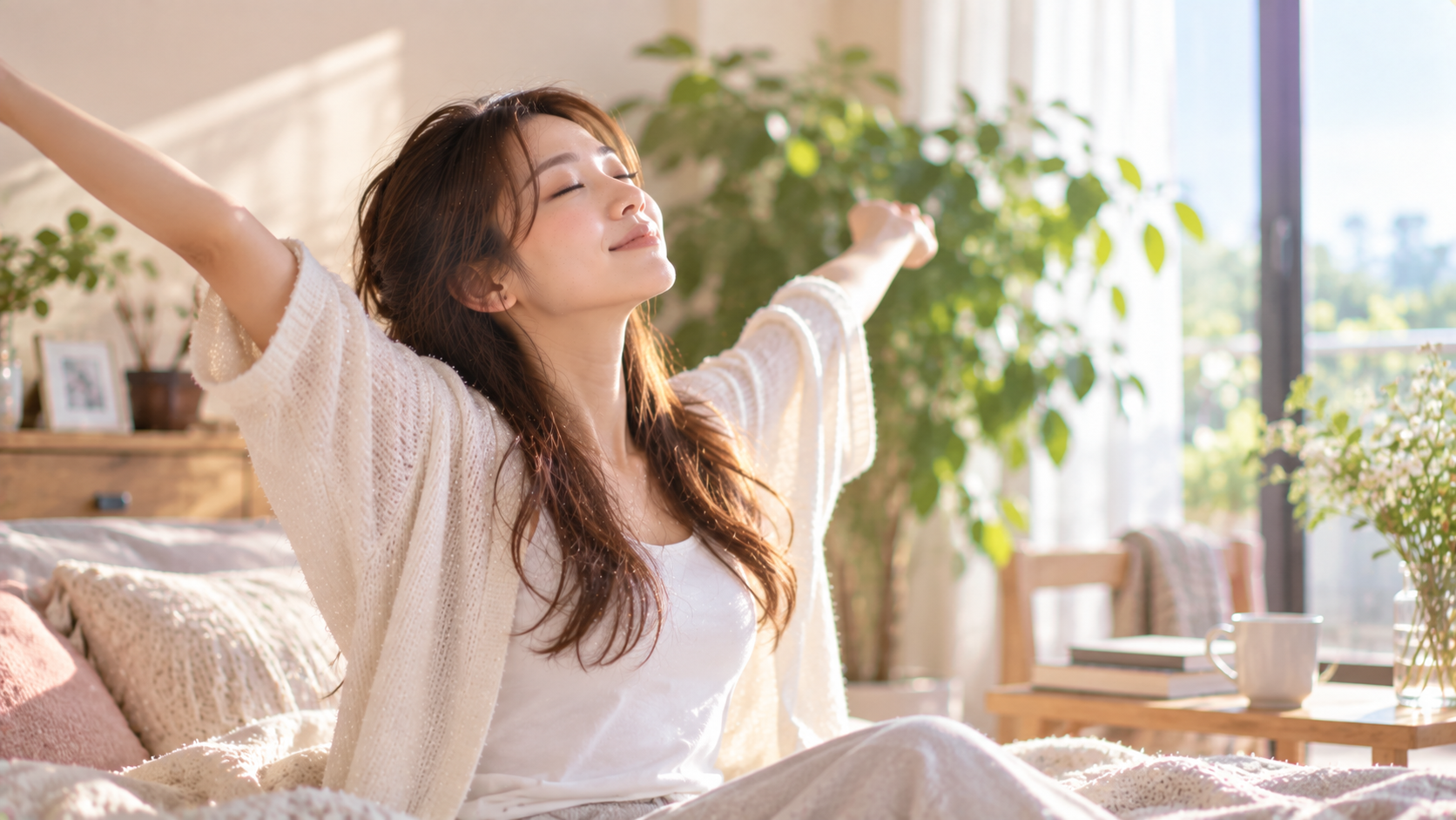 陽だまりの部屋で朝のストレッチをする女性