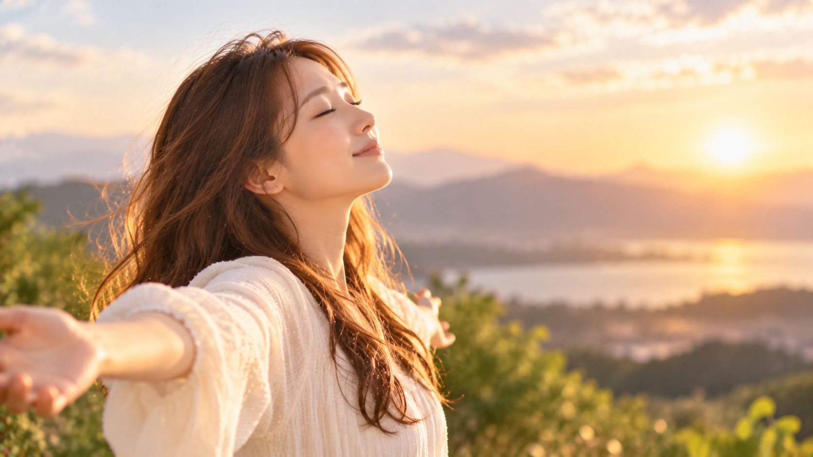 夕日に向かって両手を広げ微笑む女性