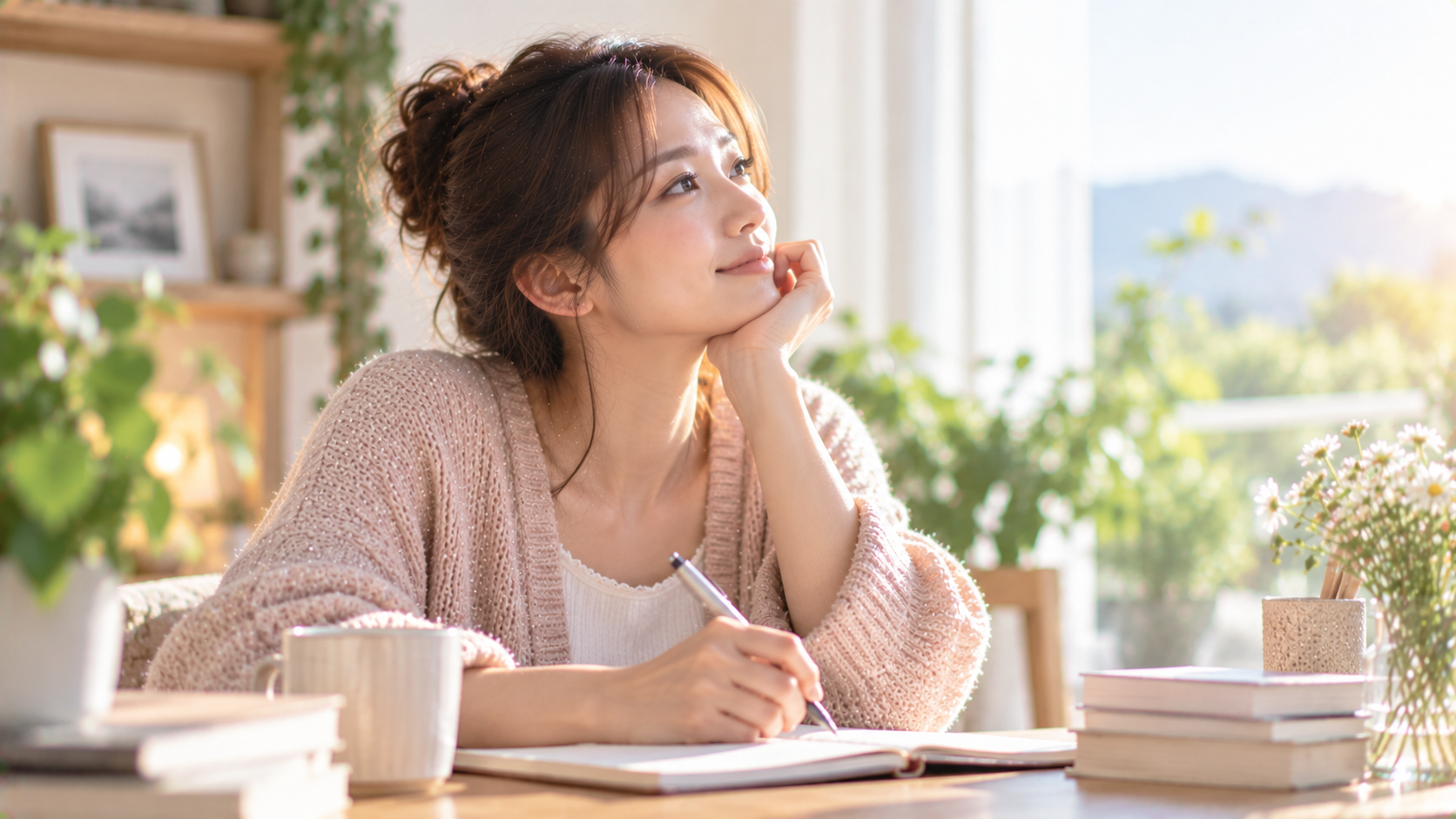 窓辺で日記を綴る穏やかな時間を過ごす女性
