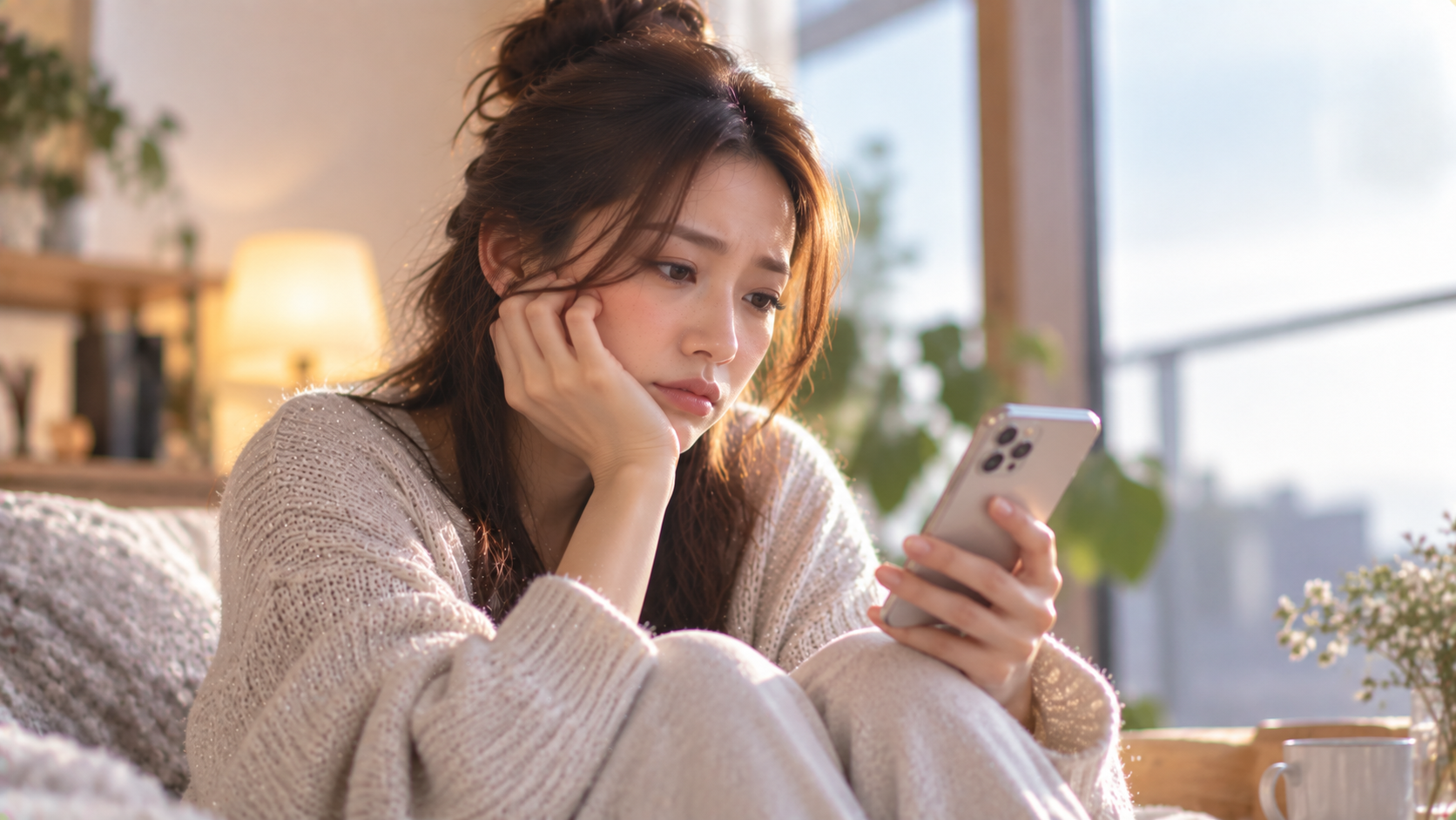 スマホを見つめる静かな午後の女性