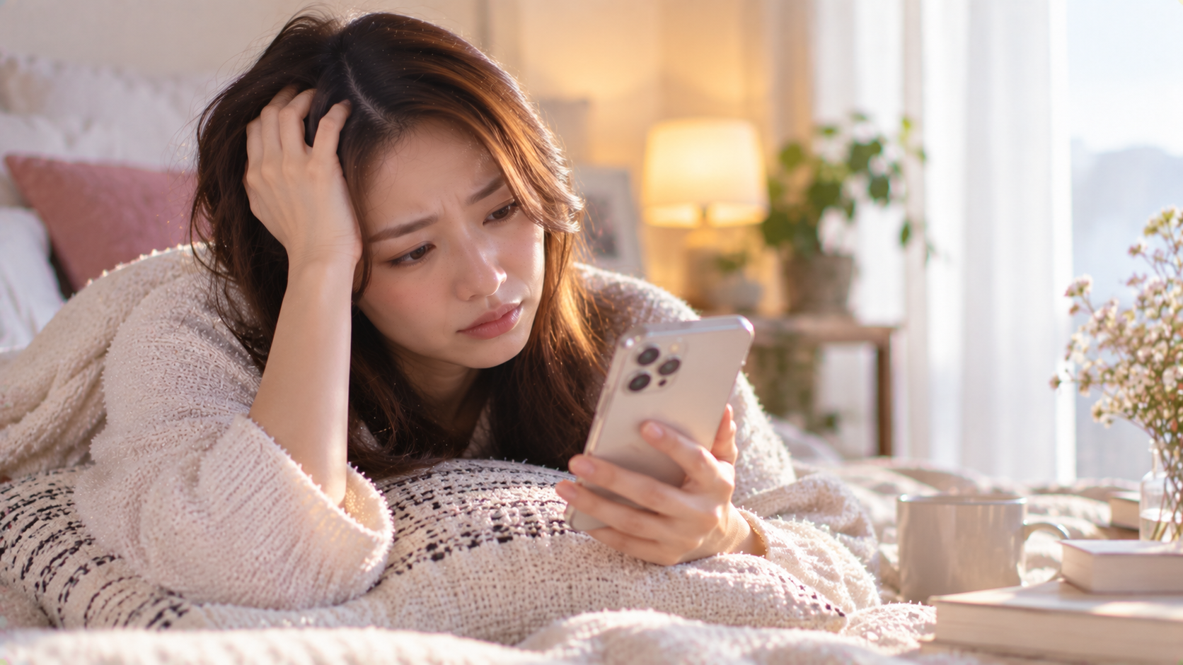 スマホを見つめる女性の憂い